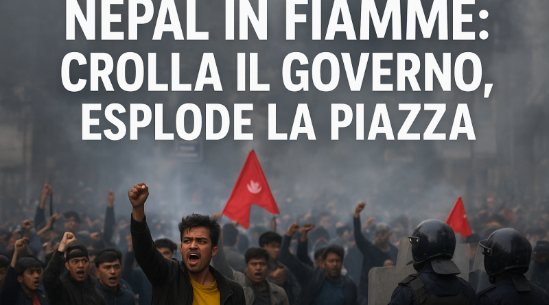 Proteste di massa in Nepal a Katmandu con manifestanti e polizia antisommossa durante la crisi politica 2025