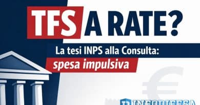 Grafica con scritta “TFS a rate” e richiamo alla tesi INPS sulla spesa impulsiva: Consulta valuta legittimità di differimento e rateizzazione del trattamento di fine servizio dei dipendenti pubblici.