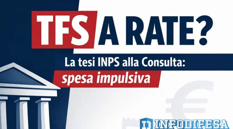 Grafica con scritta “TFS a rate” e richiamo alla tesi INPS sulla spesa impulsiva: Consulta valuta legittimità di differimento e rateizzazione del trattamento di fine servizio dei dipendenti pubblici.