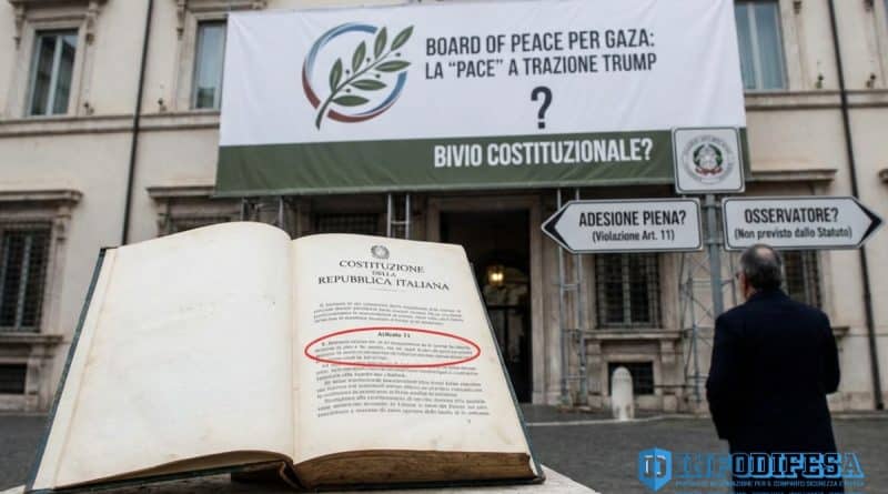 Primo piano su bandiere e tavolo diplomatico: dibattito in Italia sulla costituzionalità del Board of Peace per Gaza, Articolo 11, governance guidata da Donald Trump e status di osservatore
