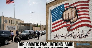 Muro con murale sull’ex ambasciata Usa a Teheran mentre Usa autorizzano la partenza del personale non essenziale da Gerusalemme e il Regno Unito ritira i diplomatici dall’Iran, 27 febbraio 2026