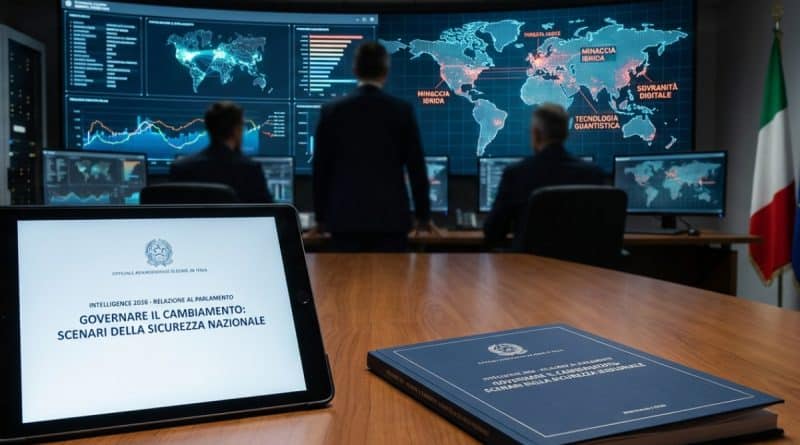 Grafica informativa sulla Relazione Intelligence 2026 al Parlamento: tecnologia come motore del cambiamento, minacce ibride sotto soglia, IA e scenari di sicurezza nazionale per l’Italia.