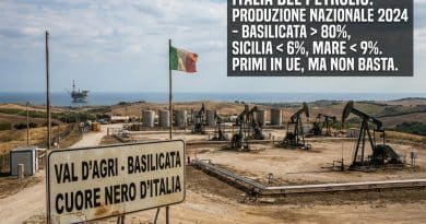 Panoramica degli impianti di estrazione petrolifera in Val d’Agri, Basilicata, principale polo di produzione di greggio in Italia.