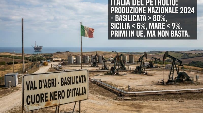 Panoramica degli impianti di estrazione petrolifera in Val d’Agri, Basilicata, principale polo di produzione di greggio in Italia.