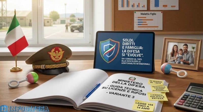 Infografica riassuntiva sulle novità della Variante 3 Guida Persomil: congedo parentale al 100%, licenza solidale e diritti per le coppie di donne nelle Forze Armate.