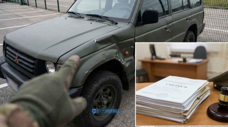 Primo piano di un'auto dei Carabinieri con targa militare danneggiata dopo un incidente stradale durante il servizio.