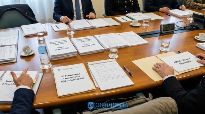 Tavolo per il rinnovo del contratto 2025-2027 del comparto Difesa e Sicurezza il 16 aprile 2026, con le richieste di NSC, SIAP, ASPMI e USMIA su stipendi, specificità, FESI, previdenza e agibilità sindacali
