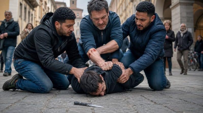 Luca Signorelli, Osama Shalaby e Mohammed Shalaby, cittadini eroi intervenuti a Modena per fermare un aggressore armato di coltello dopo l’investimento dei passanti