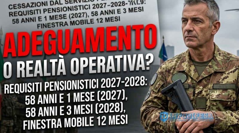 Personale militare e documento del Ministero della Difesa sui nuovi requisiti pensionistici 2027-2028 per pensioni di anzianità e vecchiaia
