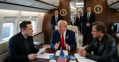 Donald Trump, Elon Musk e Jensen Huang sull’Air Force One durante il viaggio verso Pechino, simbolo della concentrazione di potere politico, tecnologico ed economico americano.