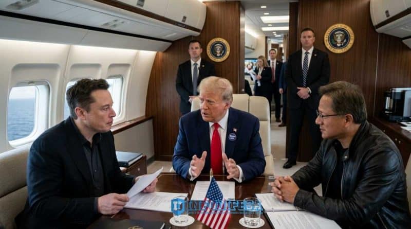 Donald Trump, Elon Musk e Jensen Huang sull’Air Force One durante il viaggio verso Pechino, simbolo della concentrazione di potere politico, tecnologico ed economico americano.