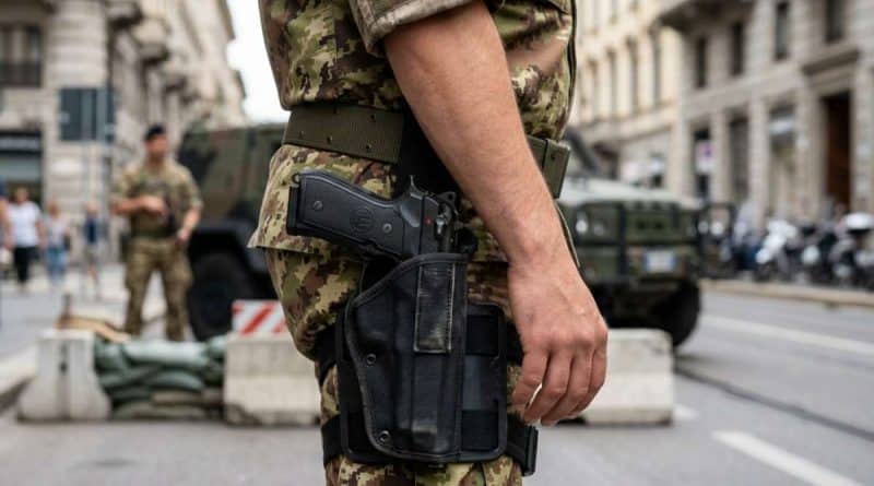Pistola in fondina durante servizio militare con assenza del correggiolo di sicurezza