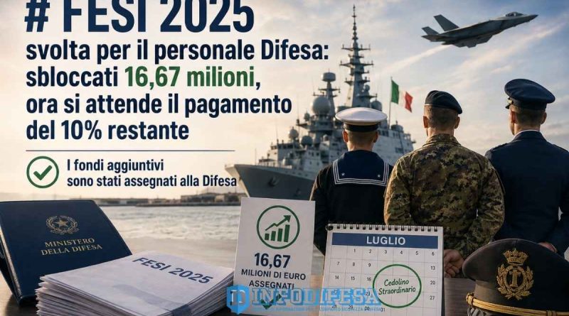 FESI 2025 Difesa, fondi sbloccati per il personale militare e attesa del pagamento del 10% restante tramite NoiPA